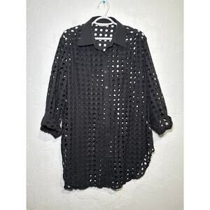 Adiva eyelet black collared button‎ down shirt womens 1X boho beachy minimalist
